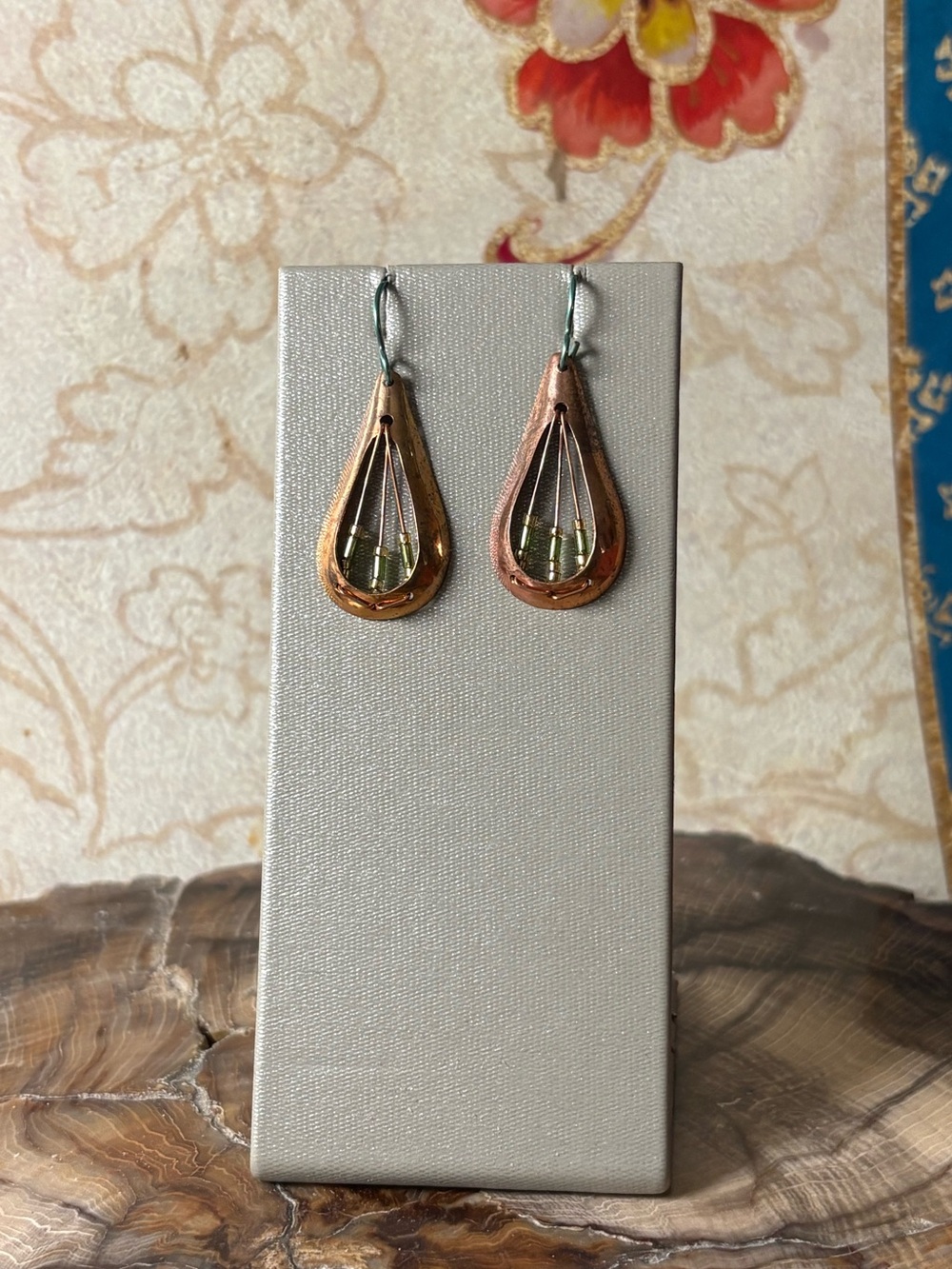 Handmade Copper Teardrop Earrings with Green Bead Accents